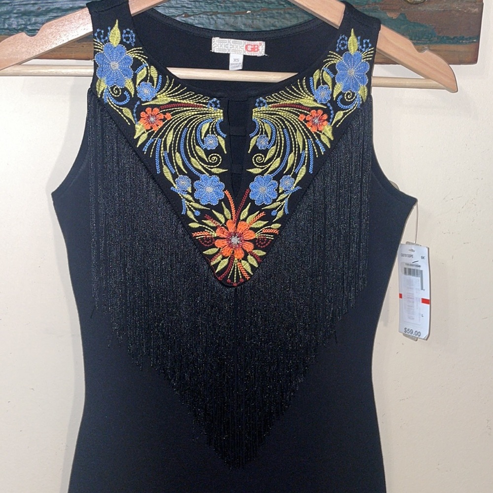 GB Gianni Bini Jr Black Embroidered Fringe Dress Size XS